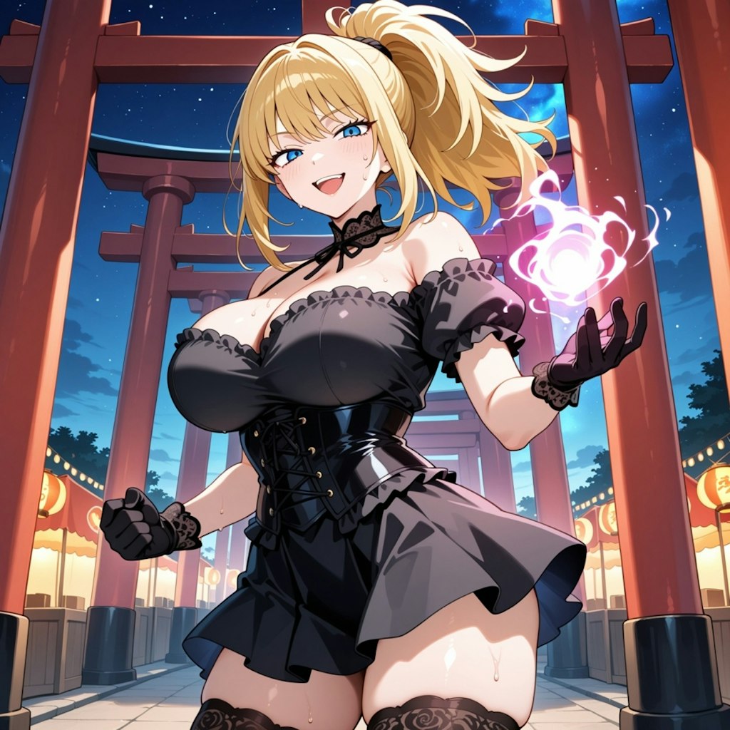 夜の神社で戦闘訓練ポニーテールコスプレ人妻&水墨画
