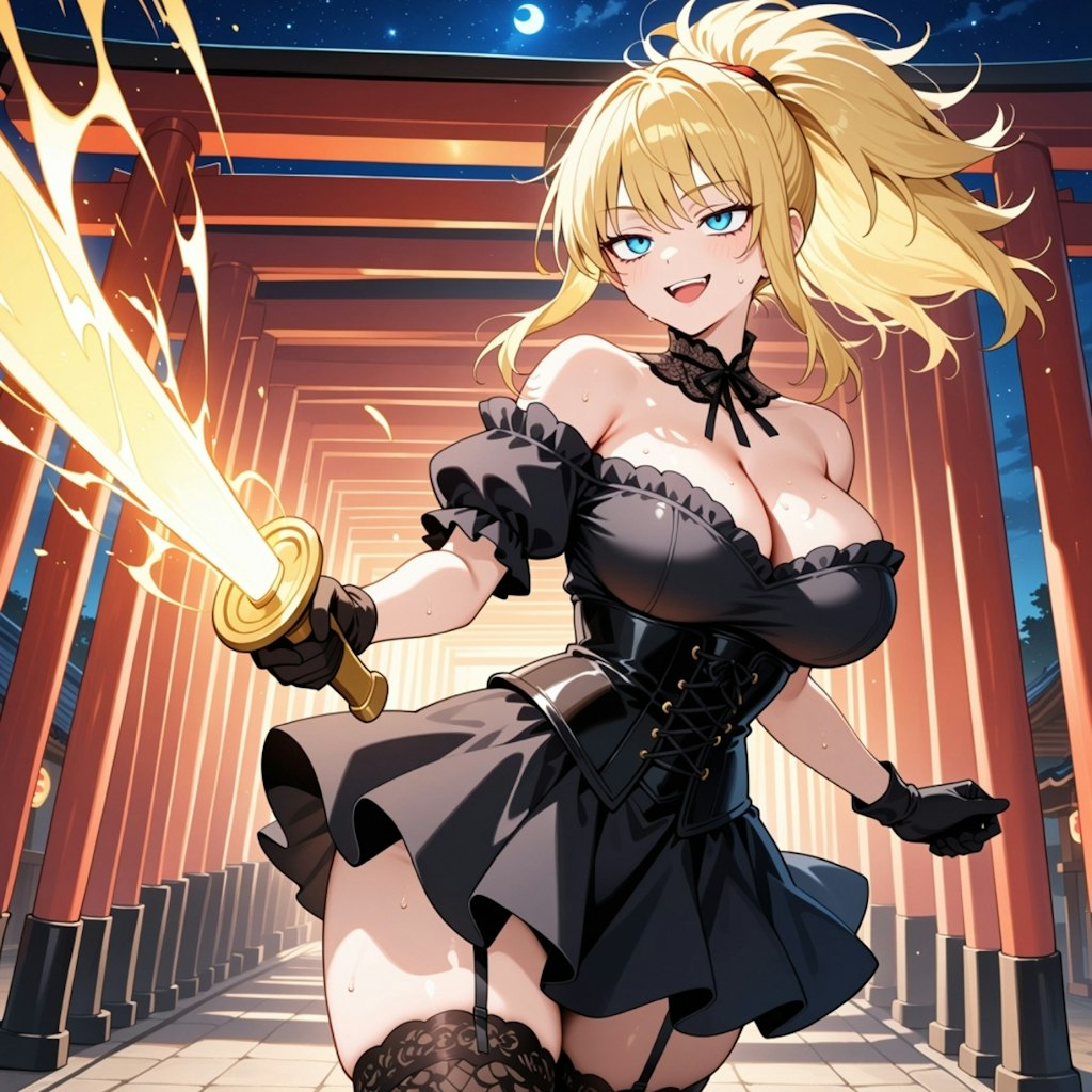 夜の神社で戦闘訓練ポニーテールコスプレ人妻&水墨画