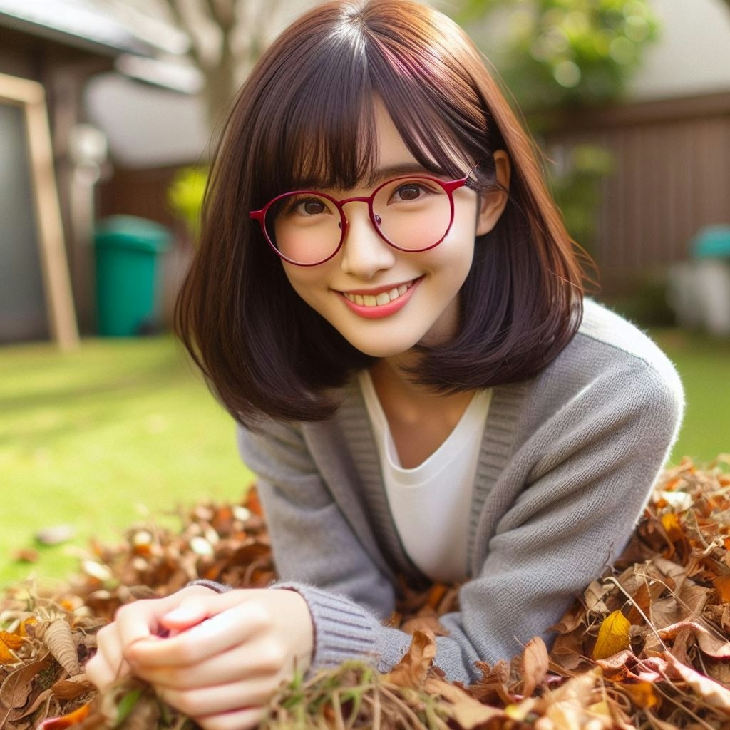 眼鏡女子 楓の庭掃除