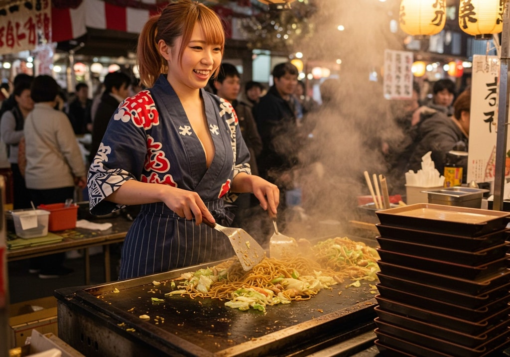 初詣、屋台、焼きそば