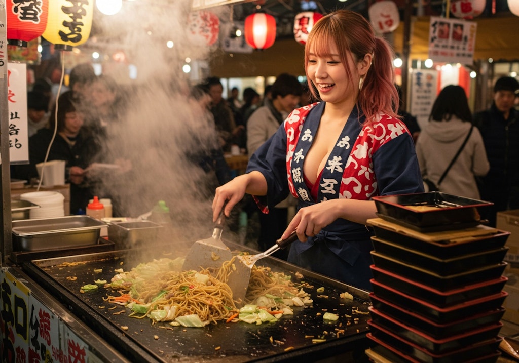 初詣、屋台、焼きそば