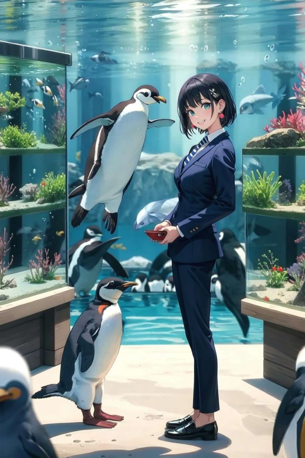 水族館でペンギンに囲まれる