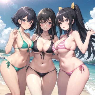 夏のビーチを遊び尽くす三人の水着の女の子
