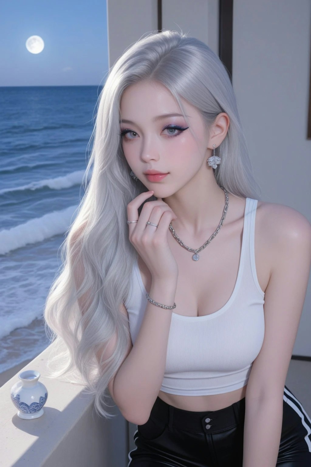 超セクシー銀髪美女:海辺