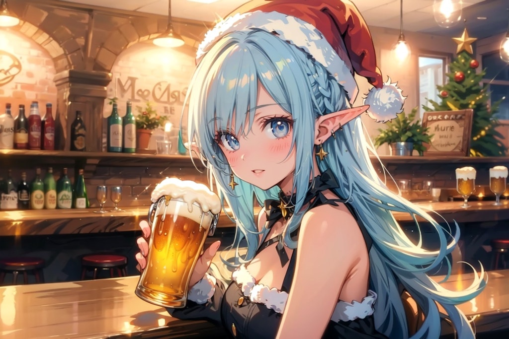 【習作】バーでビールを飲むエルフの女の子