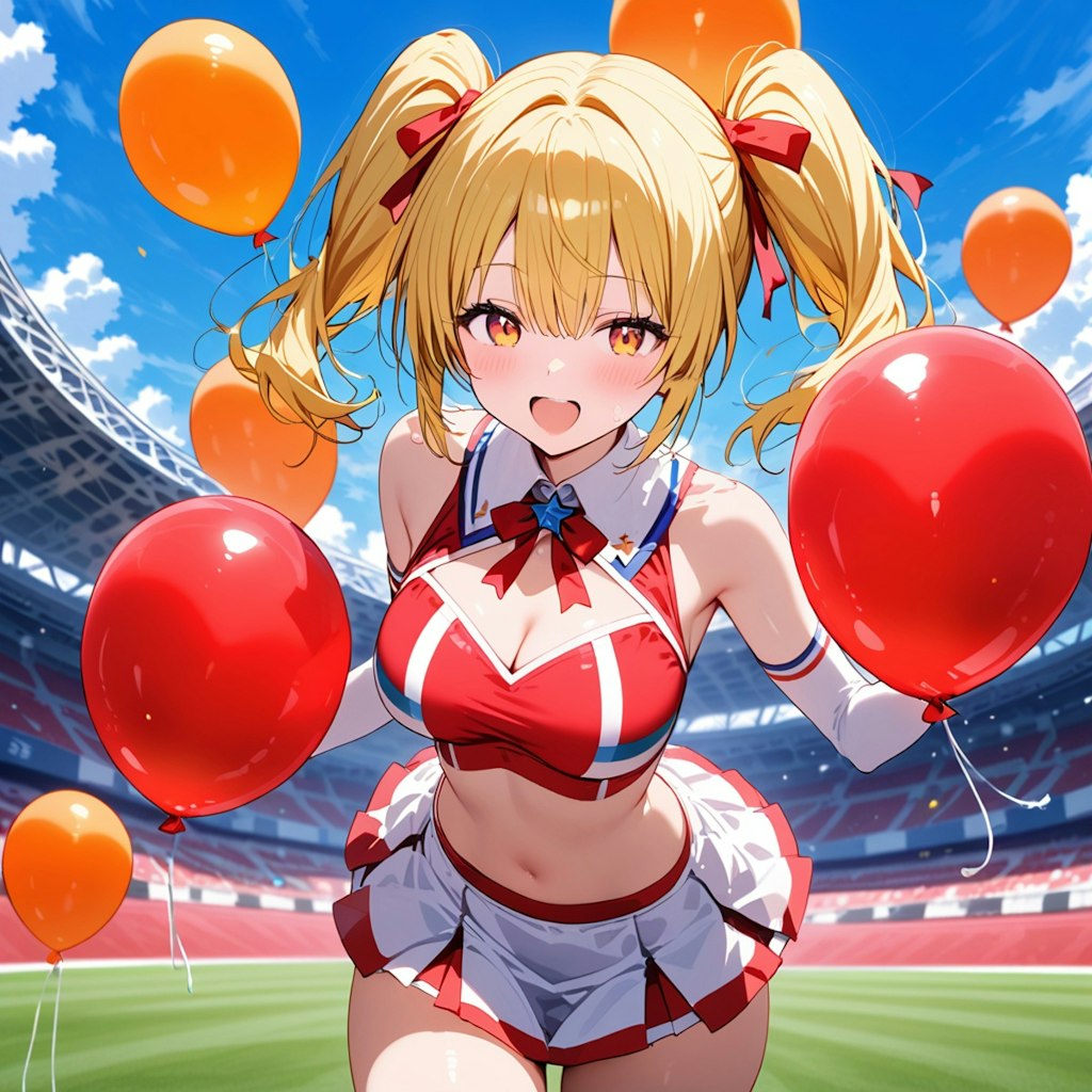 スタジアムでいっぱい風船を膨らませて遊ぶブロンドツインテールのチアガール