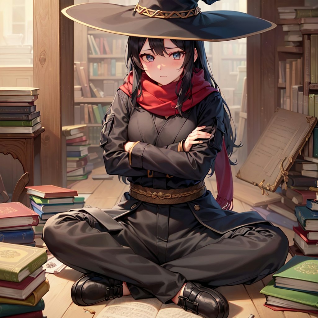 書斎で魔法について考察中の魔女