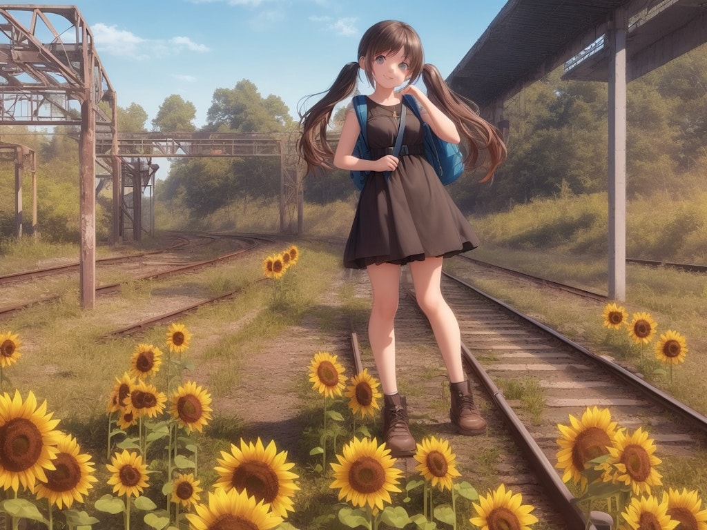 夏の廃鉄道をピクニック気分で旅する少女
