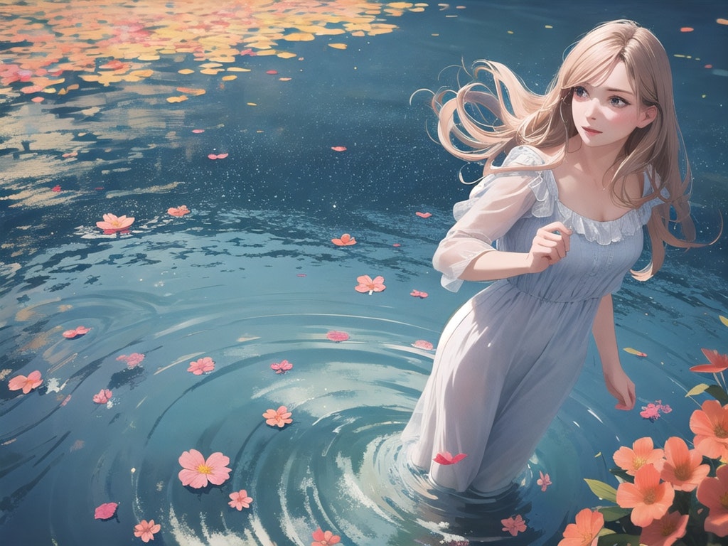 water , flower , ripple and girl