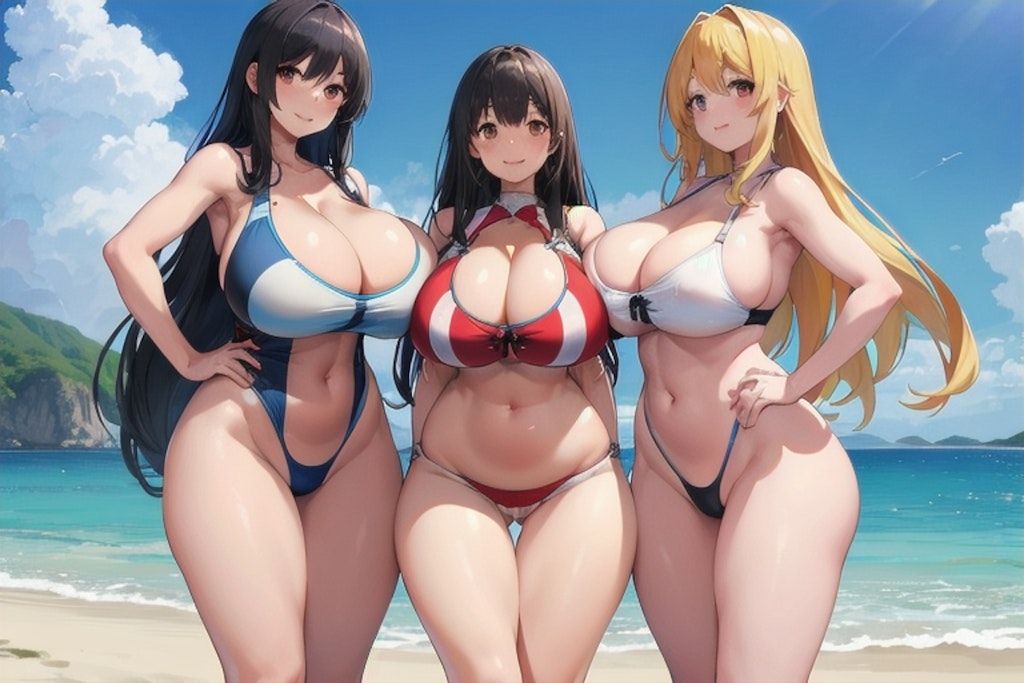 ２～３人の爆乳水着ギャルたち