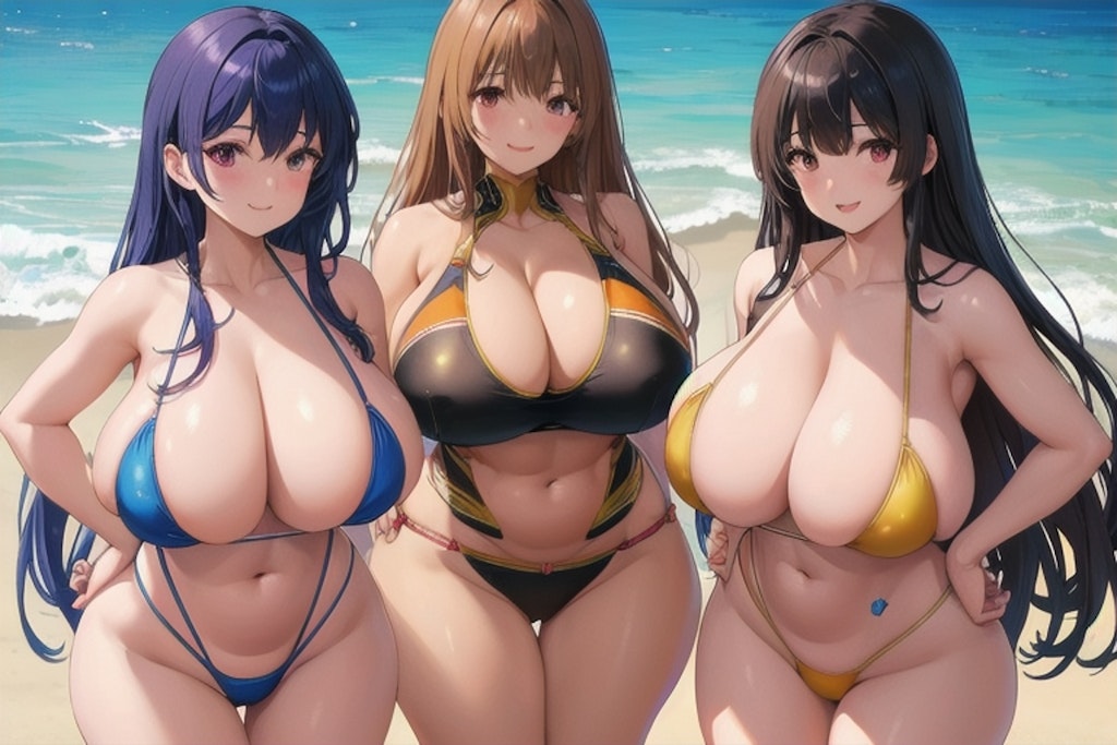 ２～３人の爆乳水着ギャルたち