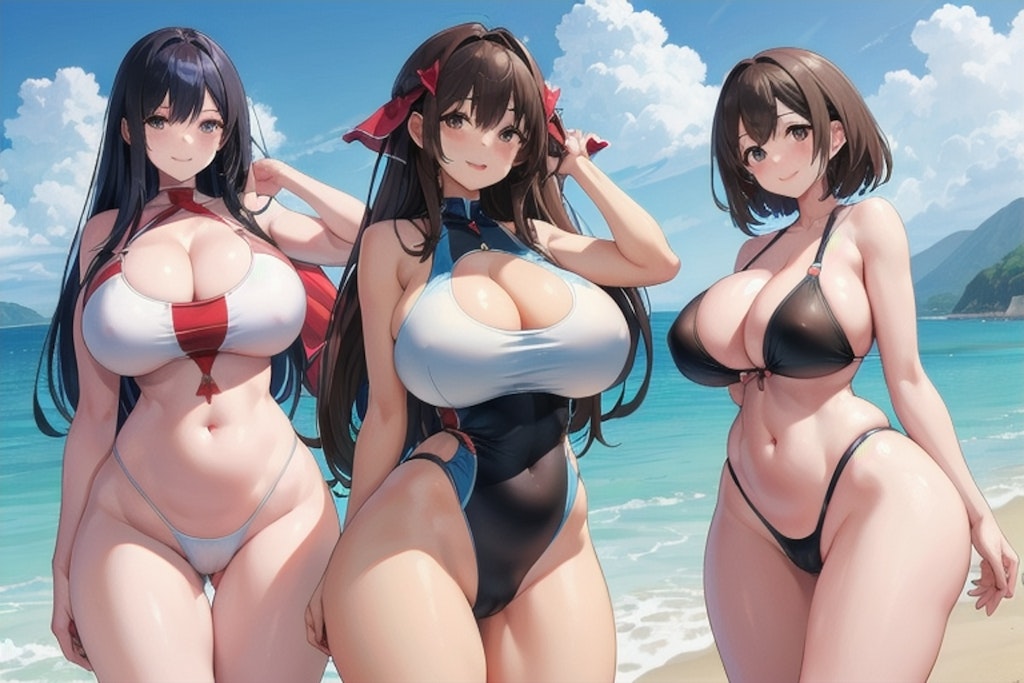 ２～３人の爆乳水着ギャルたち