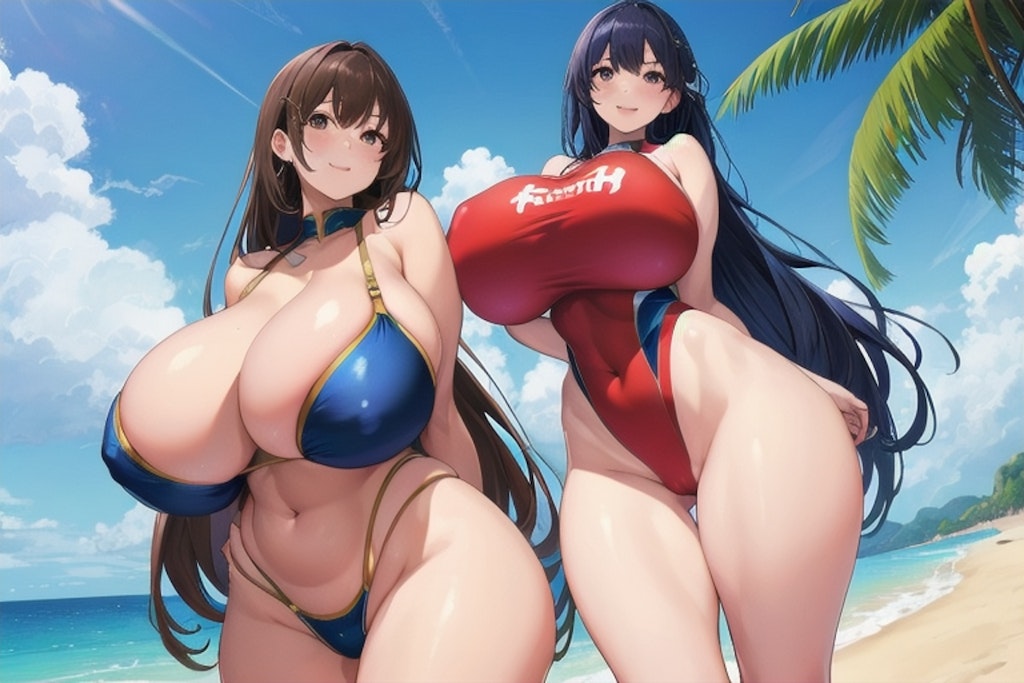 ２～３人の爆乳水着ギャルたち