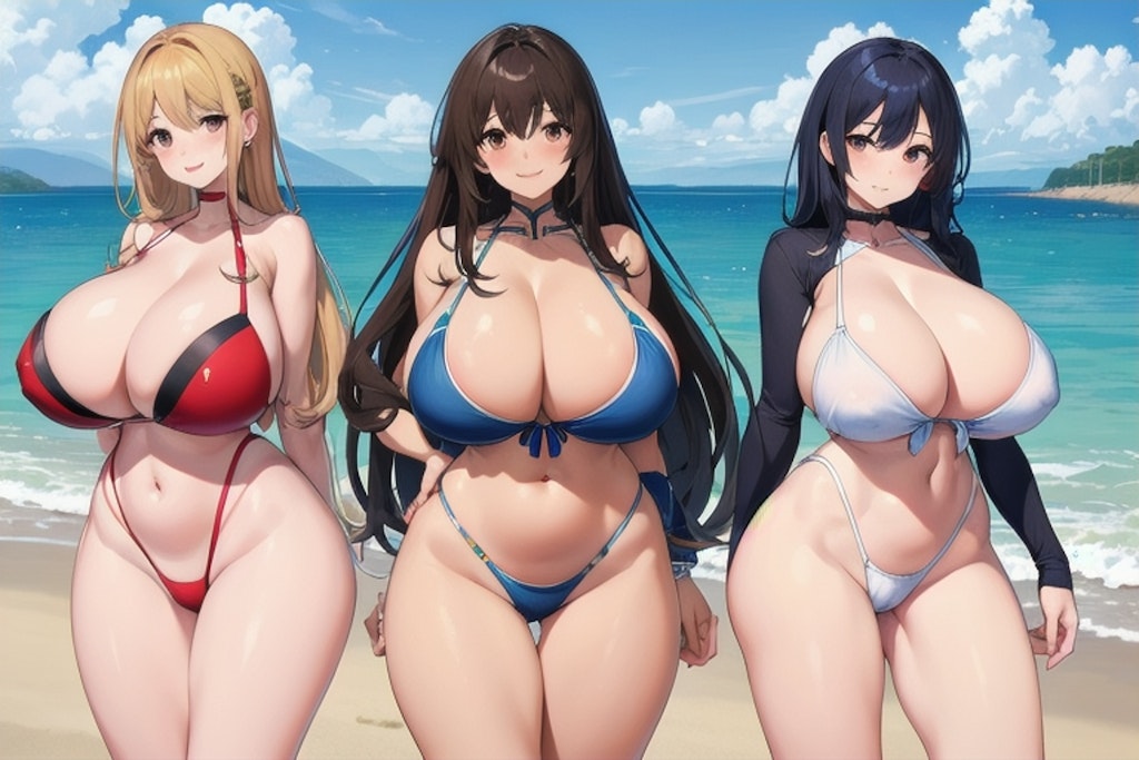 ２～３人の爆乳水着ギャルたち