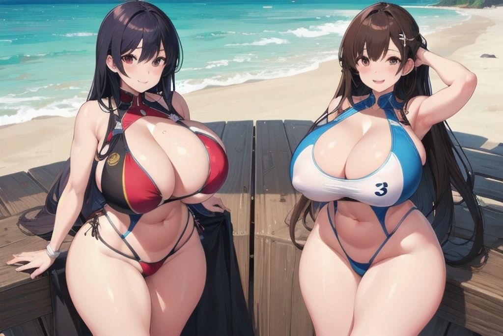 ２～３人の爆乳水着ギャルたち