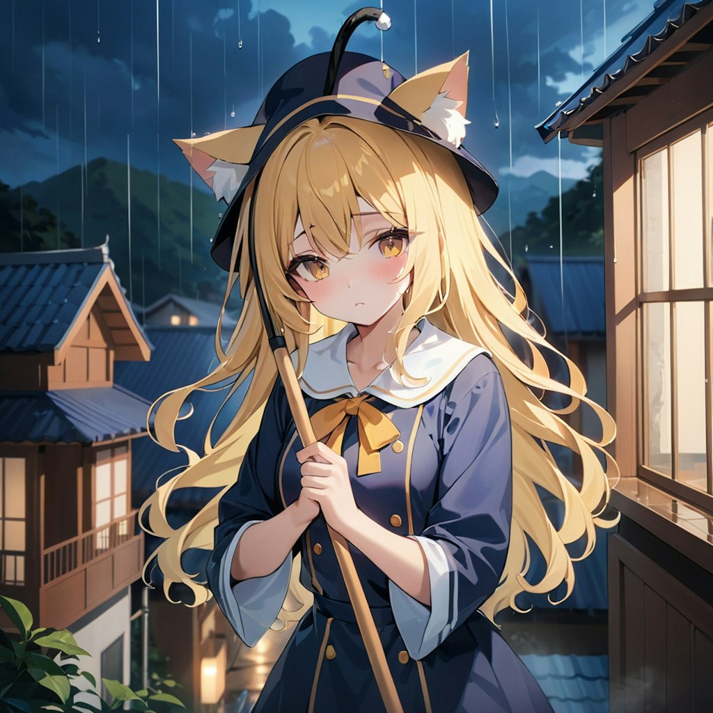 雨にたたずむ魔女見習の猫耳少女