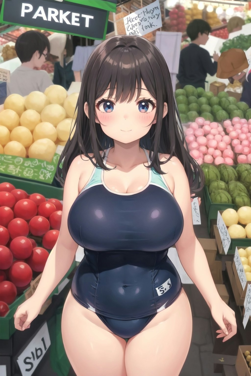 市場で働くスクール水着を着た肉感女子