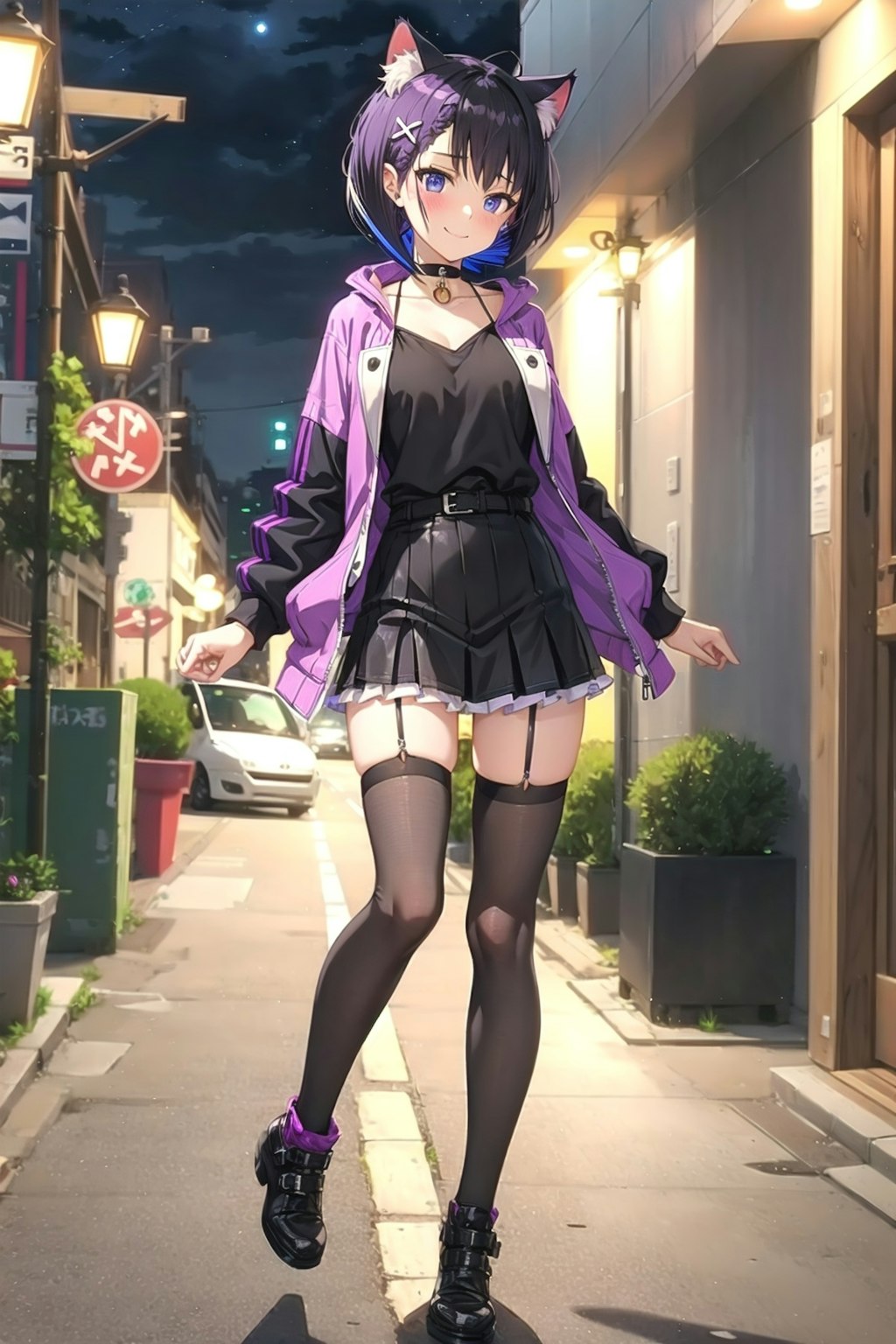 purple girl walking