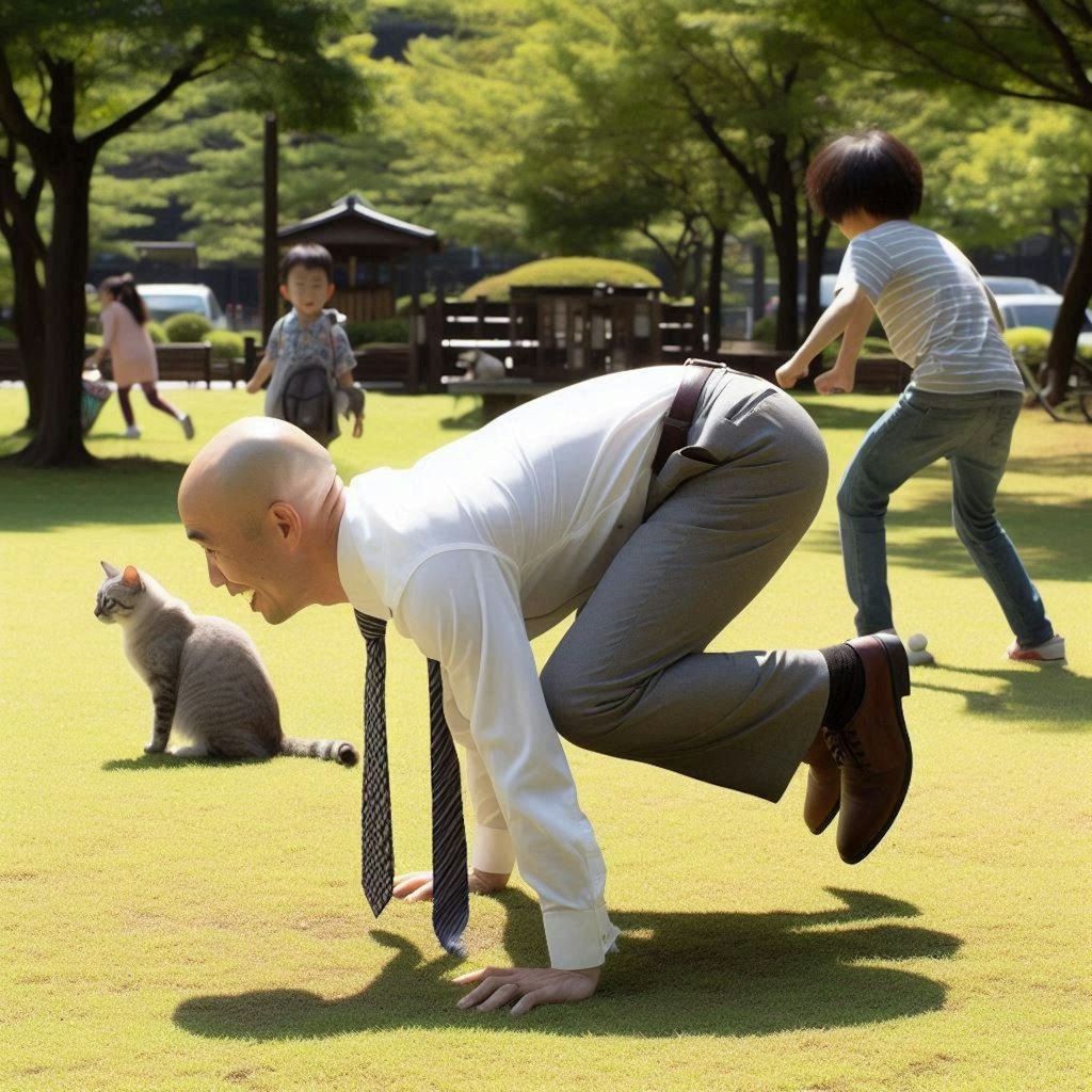 公園で体操するハゲ部長