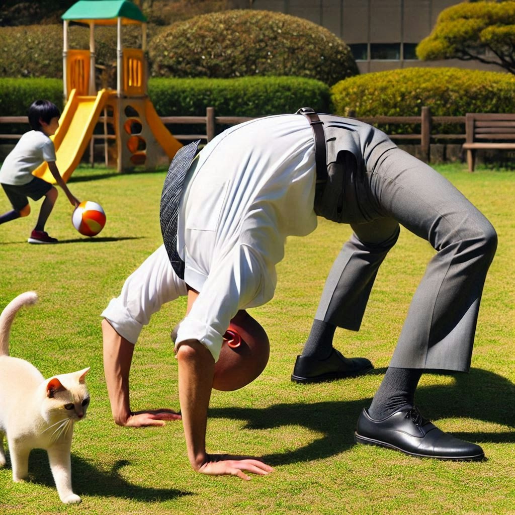 公園で体操するハゲ部長