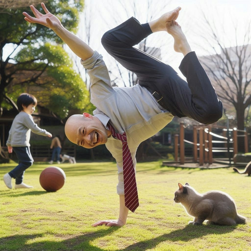 公園で体操するハゲ部長