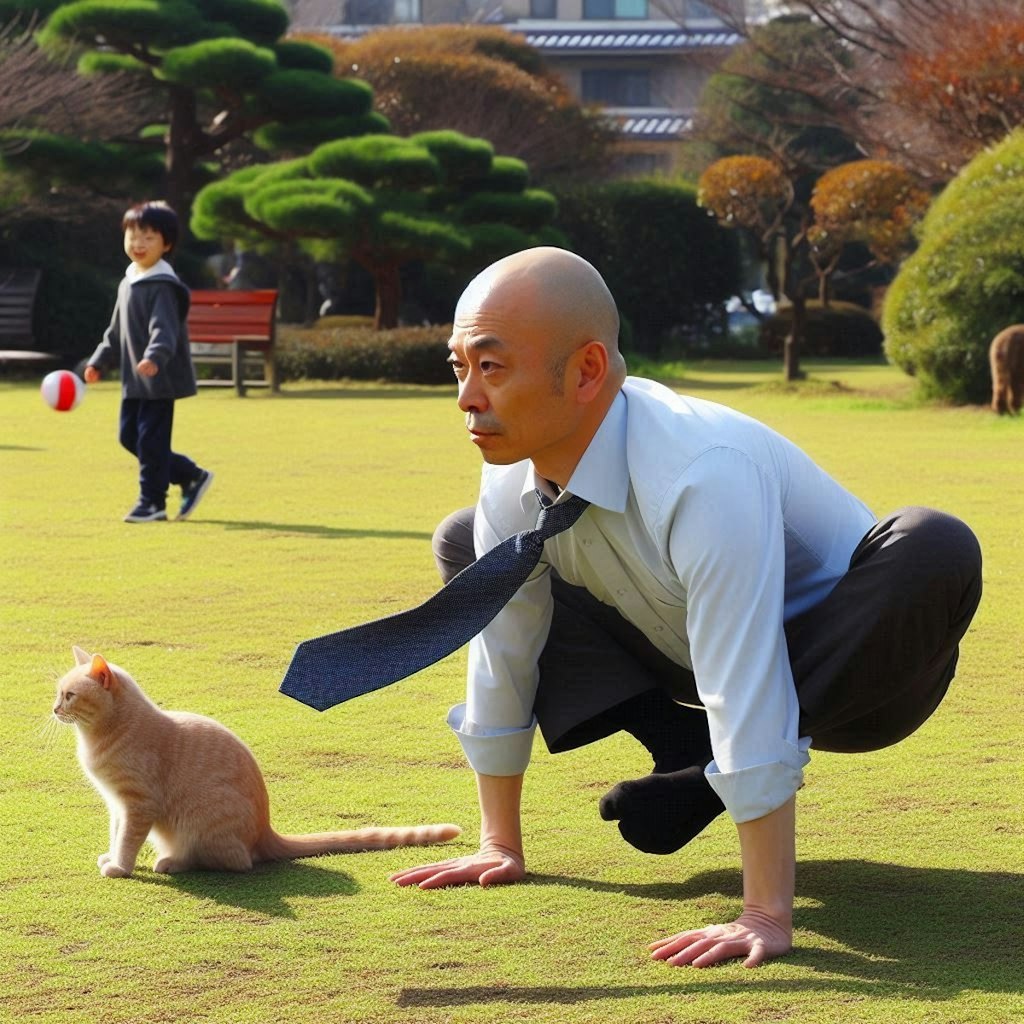 公園で体操するハゲ部長