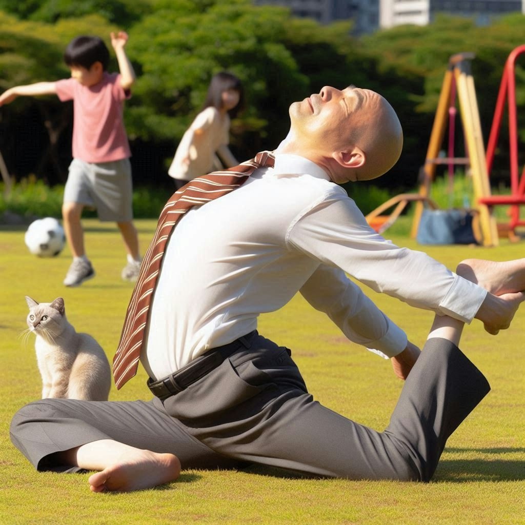 公園で体操するハゲ部長