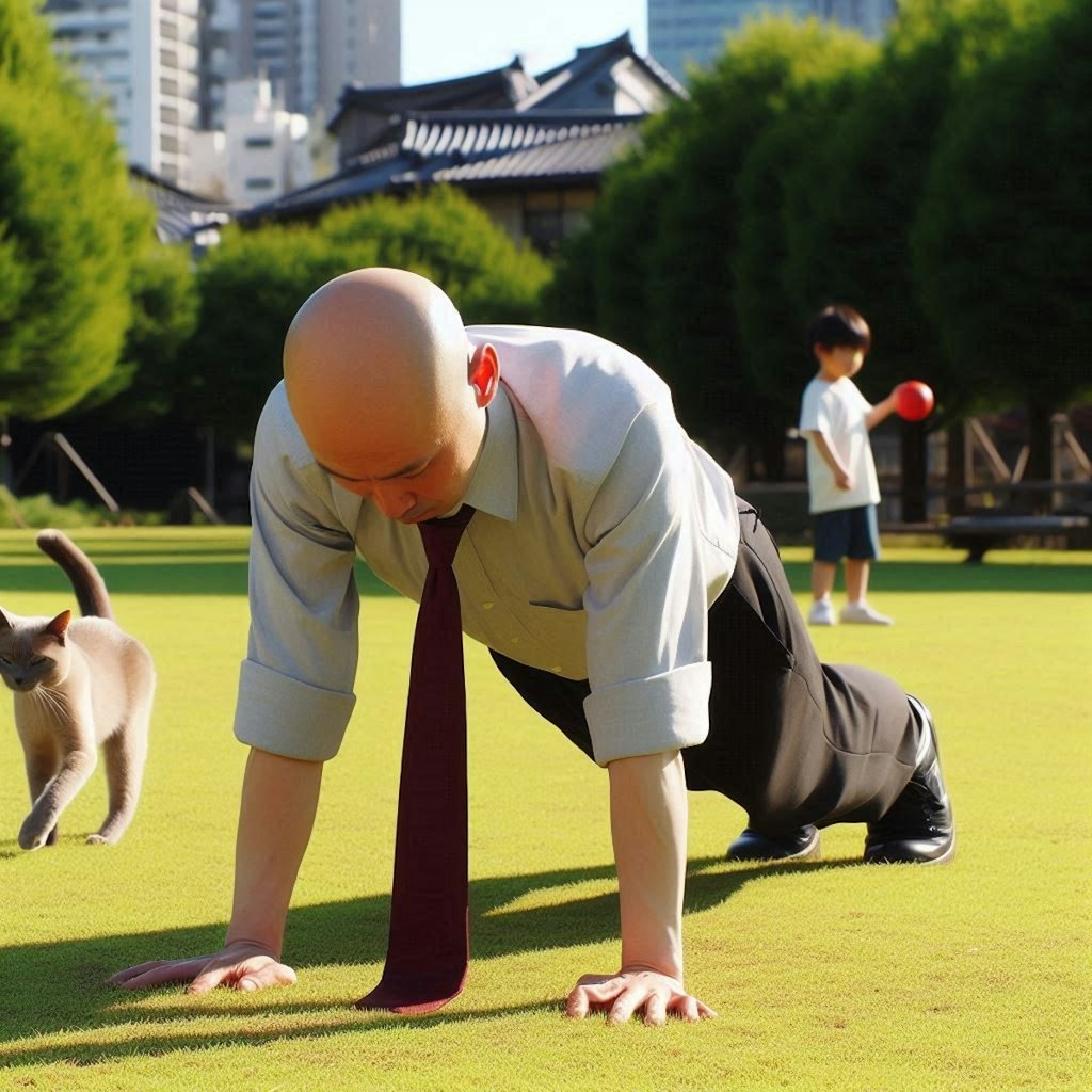 公園で体操するハゲ部長