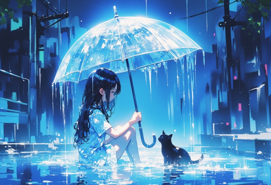 傘をさす女の子と猫