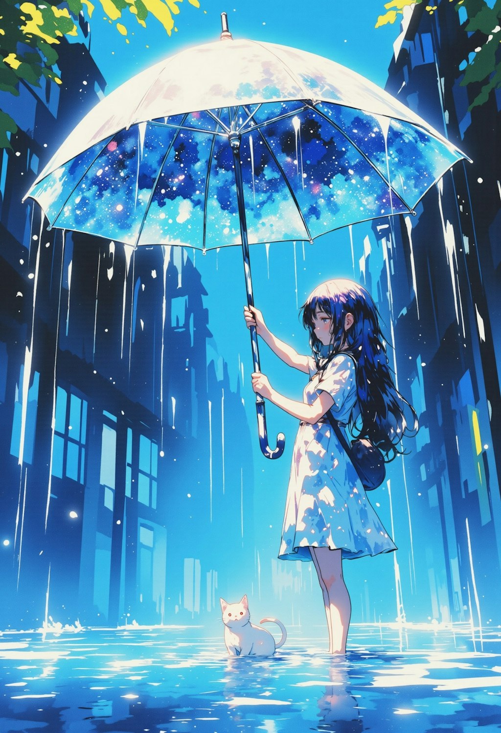 傘をさす女の子と猫