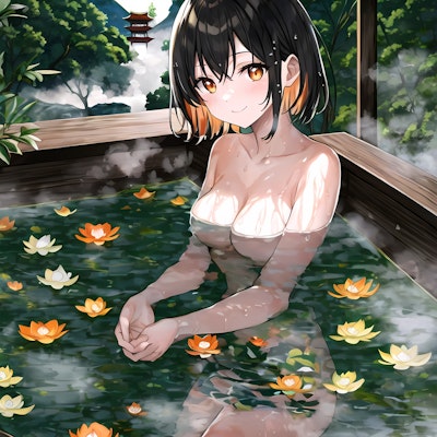 蓮の花浮く露天風呂