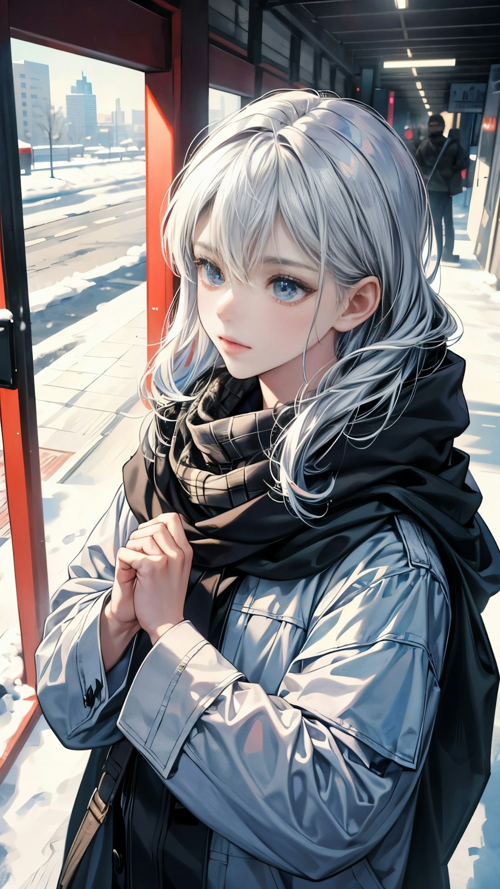 A silver-haired girl waiting for someone at a snow-covered station