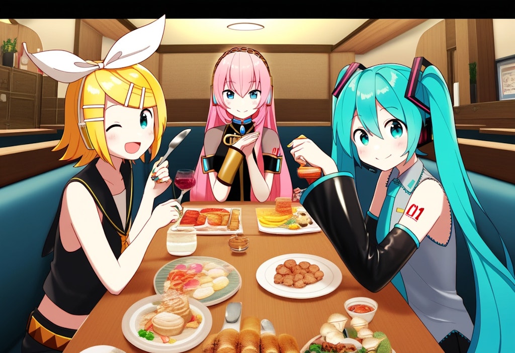 ボカロ　初音ミク　鏡音リン　巡音ルカ　3人で食事