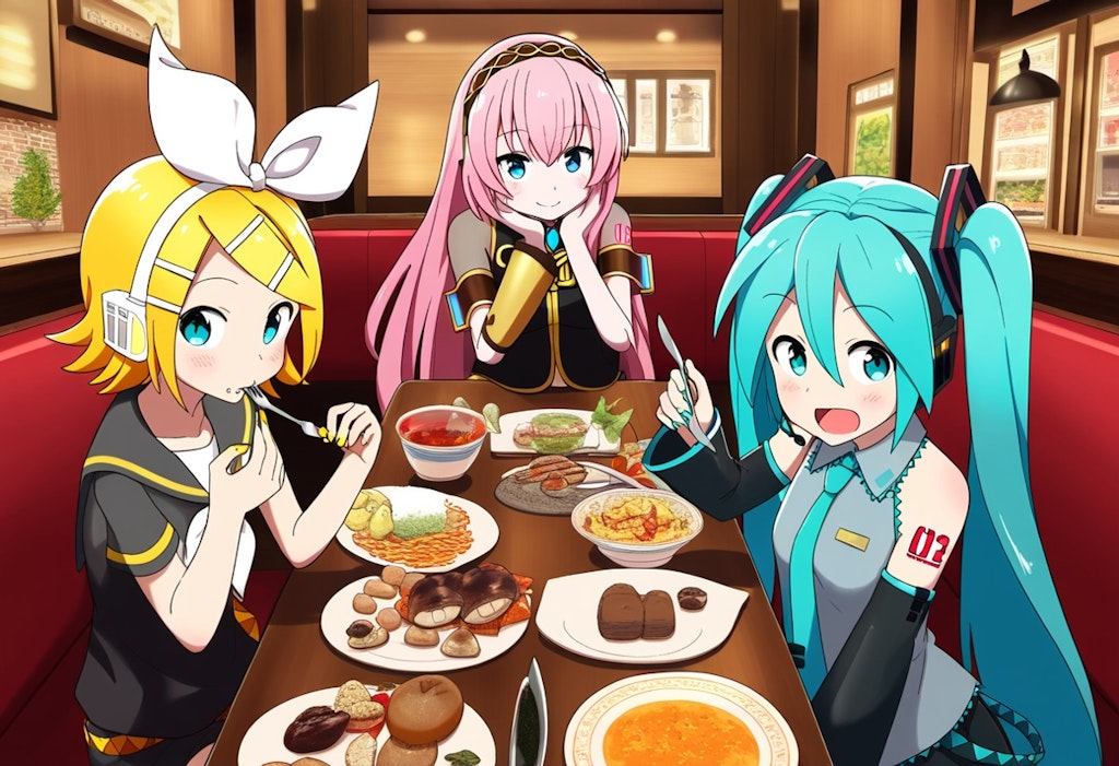 ボカロ　初音ミク　鏡音リン　巡音ルカ　3人で食事