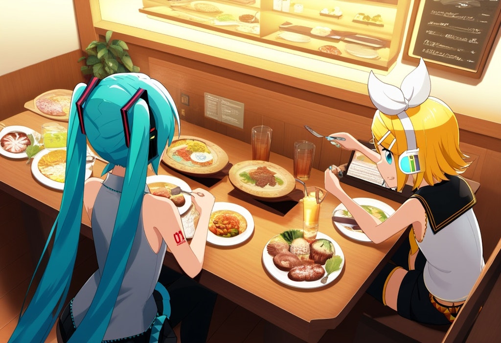 ボカロ　初音ミク　鏡音リン　巡音ルカ　3人で食事