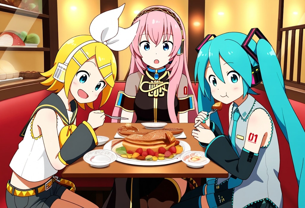 ボカロ　初音ミク　鏡音リン　巡音ルカ　3人で食事