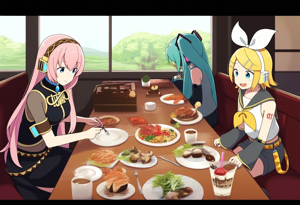 ボカロ　初音ミク　鏡音リン　巡音ルカ　3人で食事