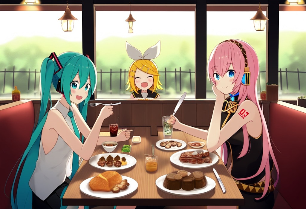 ボカロ　初音ミク　鏡音リン　巡音ルカ　3人で食事