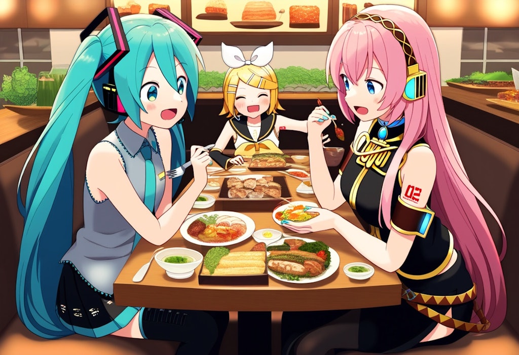 ボカロ　初音ミク　鏡音リン　巡音ルカ　3人で食事