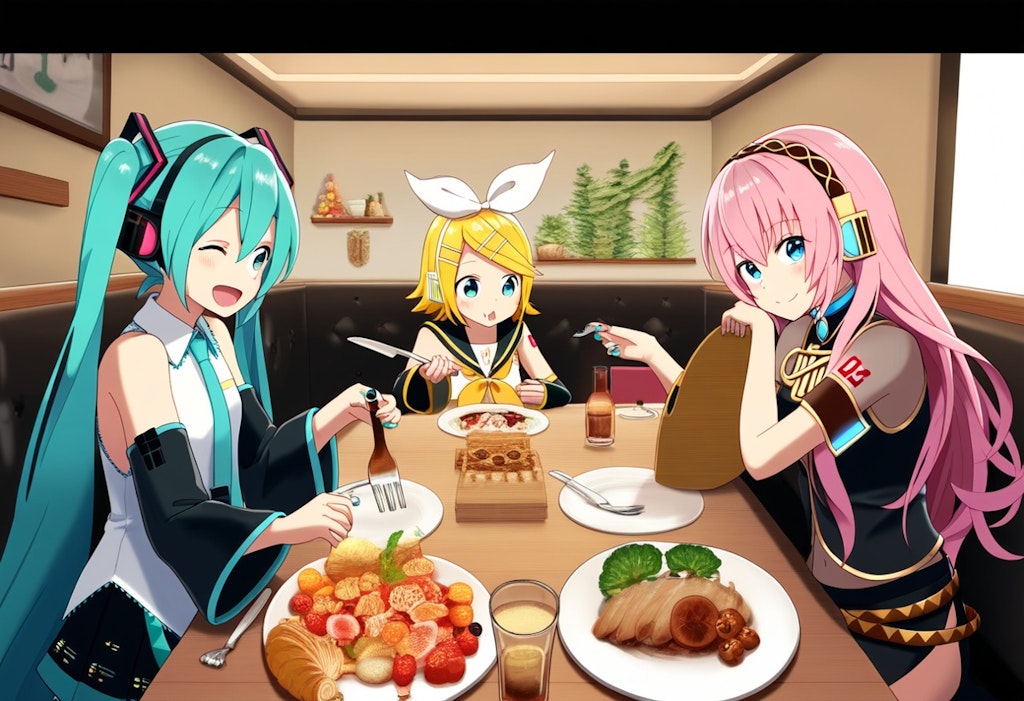 ボカロ　初音ミク　鏡音リン　巡音ルカ　3人で食事