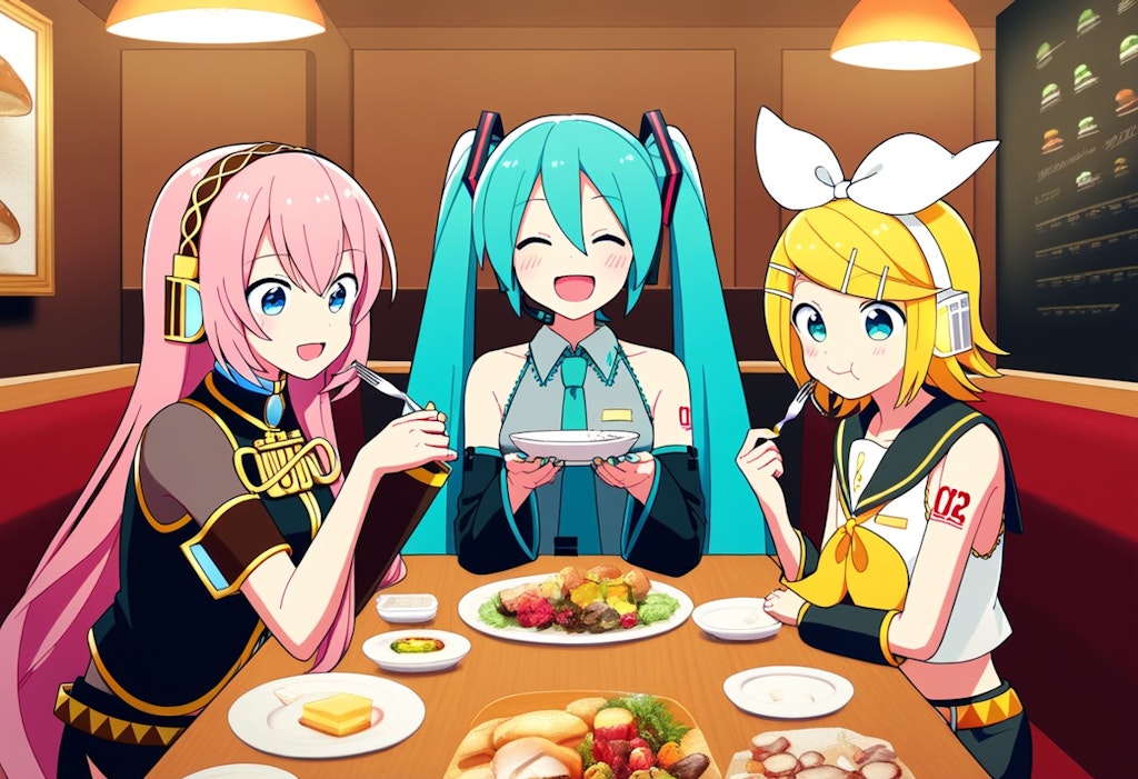 ボカロ　初音ミク　鏡音リン　巡音ルカ　3人で食事