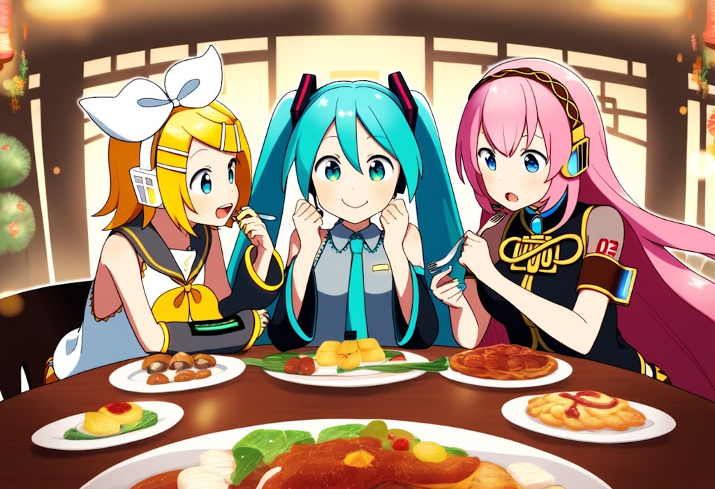 ボカロ　初音ミク　鏡音リン　巡音ルカ　3人で食事