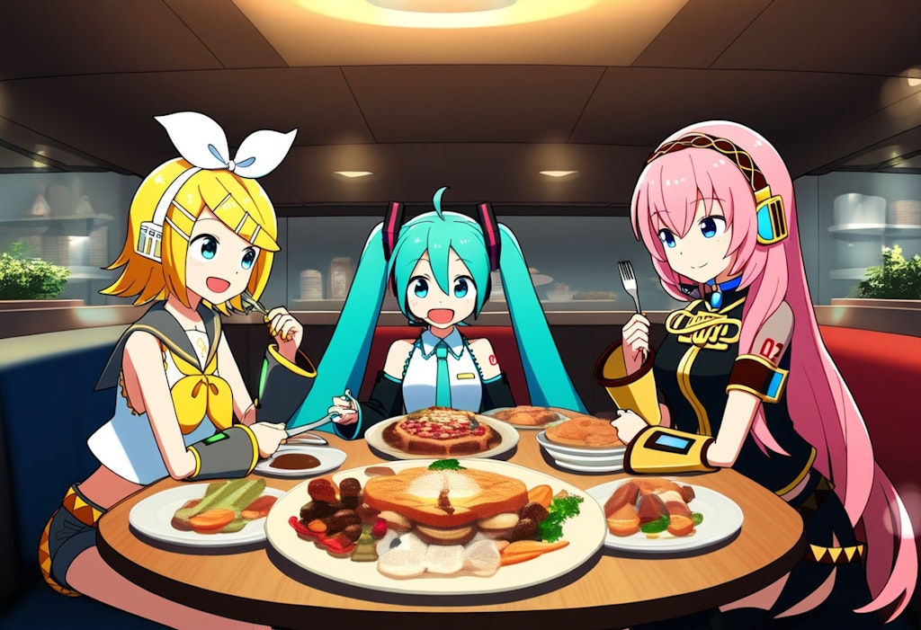 ボカロ　初音ミク　鏡音リン　巡音ルカ　3人で食事