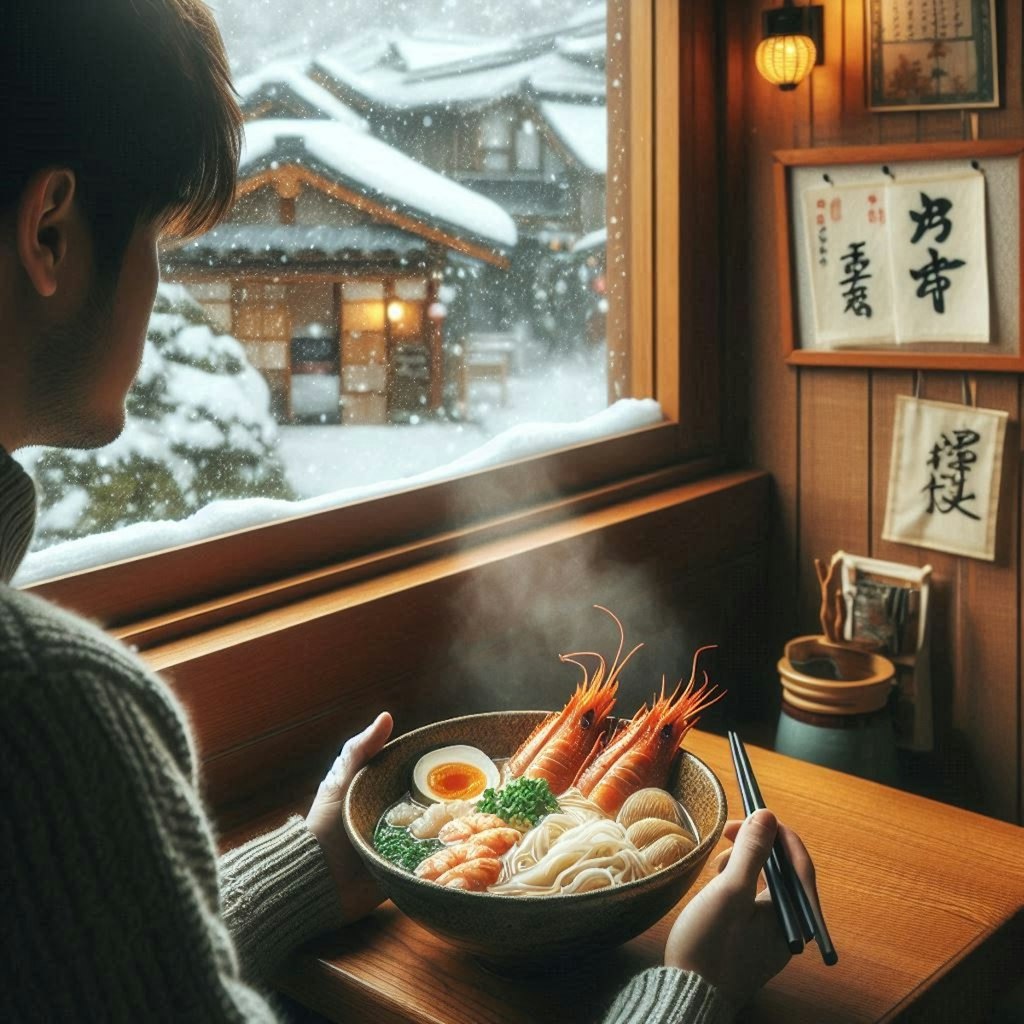 雪景色とseafood noodle