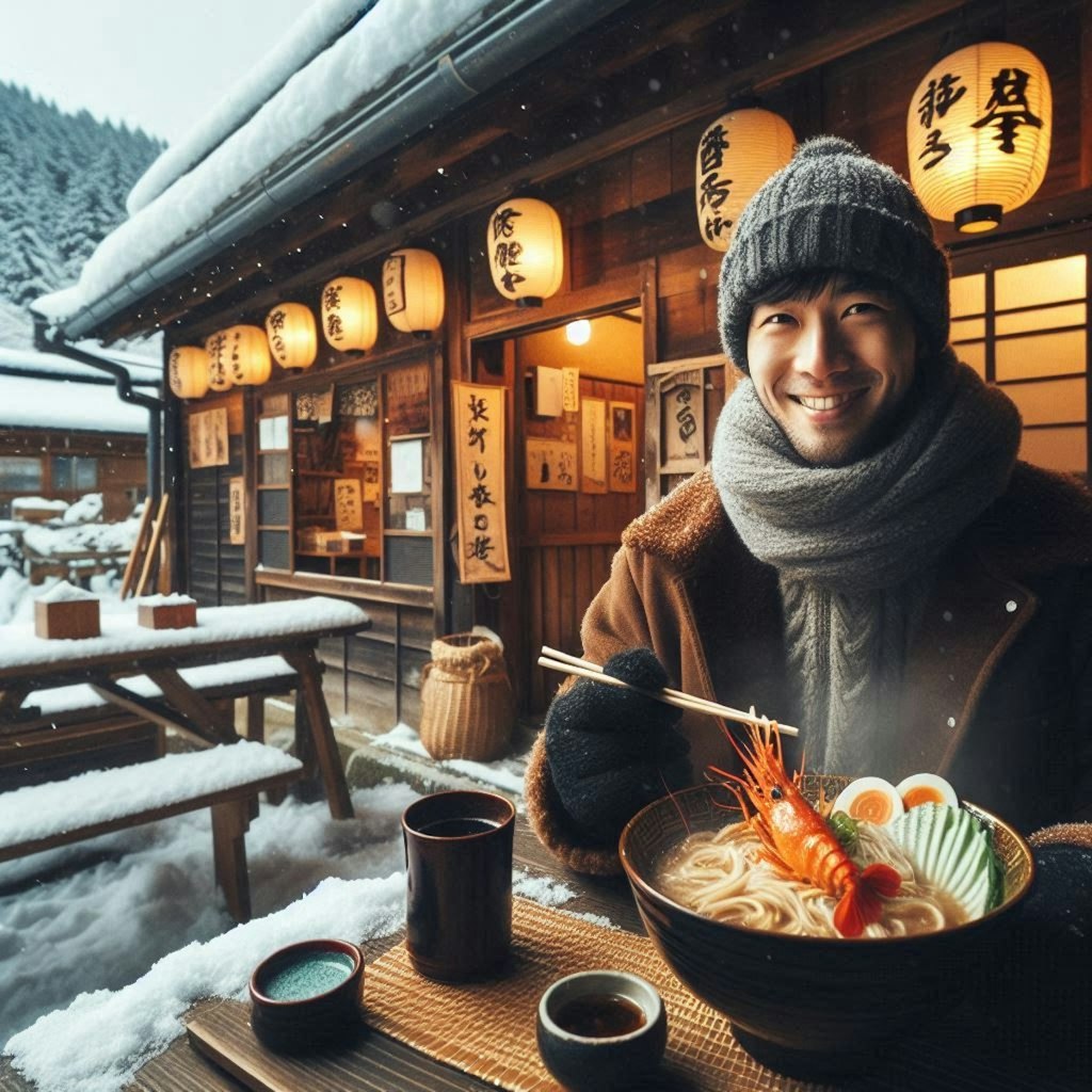 雪景色とseafood noodle