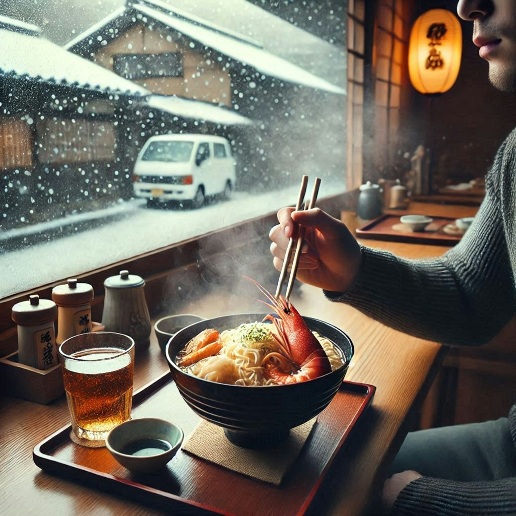 雪景色とseafood noodle