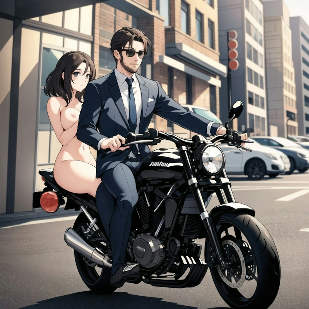 バイクに乗るイケメンと全裸美少女