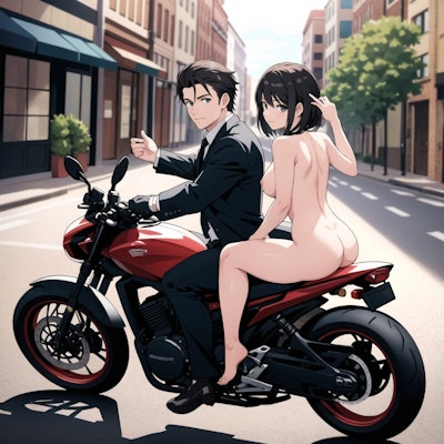 バイクに乗るイケメンと全裸美少女