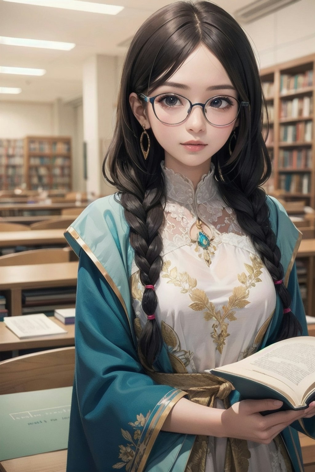 図書館の擬人化も眼鏡三つ編み