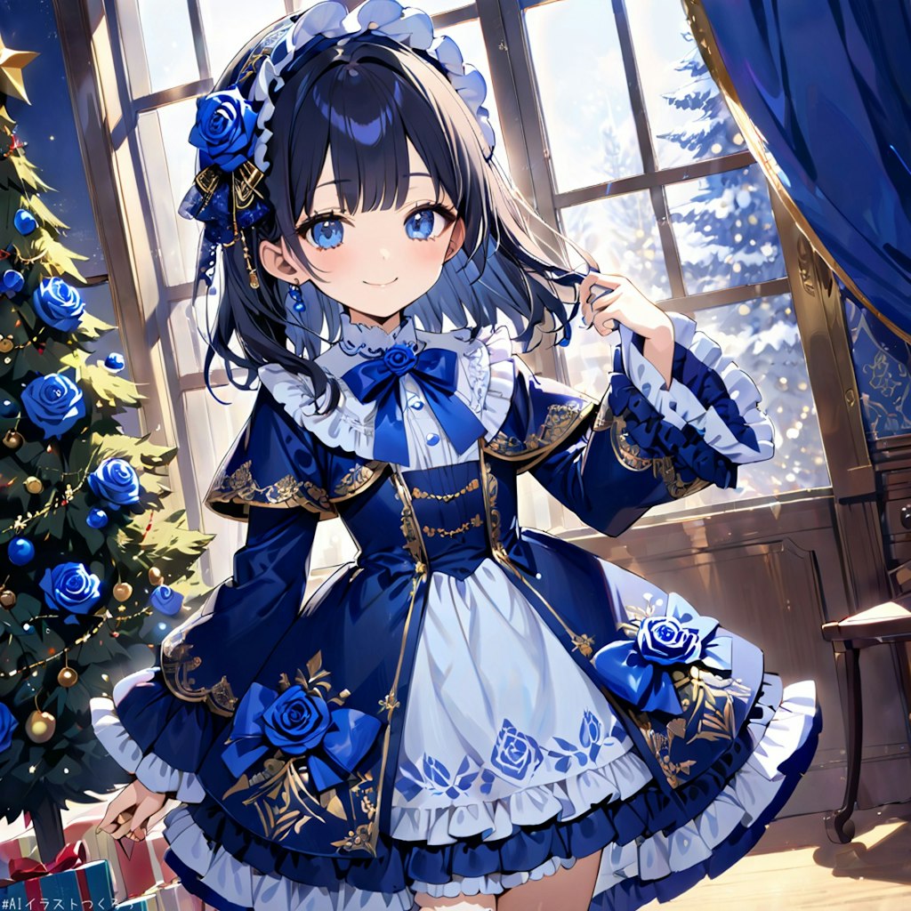 バードちゃん、クリスマスツリーと青い薔薇